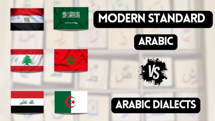 Illustration showing Modern Standard Arabic vs Arabic dialects with cultural symbols, books, and speech bubbles representing formal and conversational language.