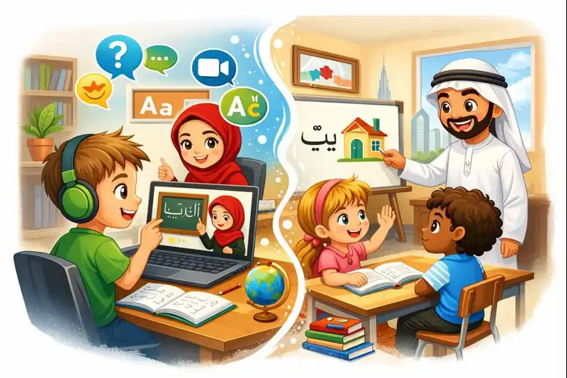 Child attending online Arabic language class in Dubai