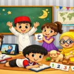 Children learning Arabic language in a colorful classroom through fun activities and interactive teaching methods for non-native kids aged 5–10.