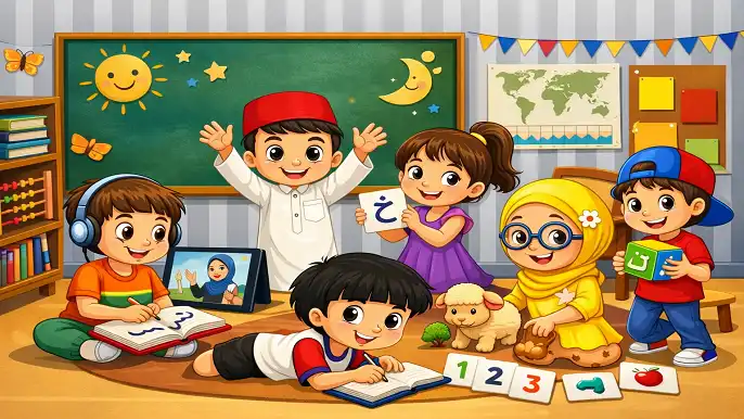 Children learning Arabic language in a colorful classroom through fun activities and interactive teaching methods for non-native kids aged 5–10.